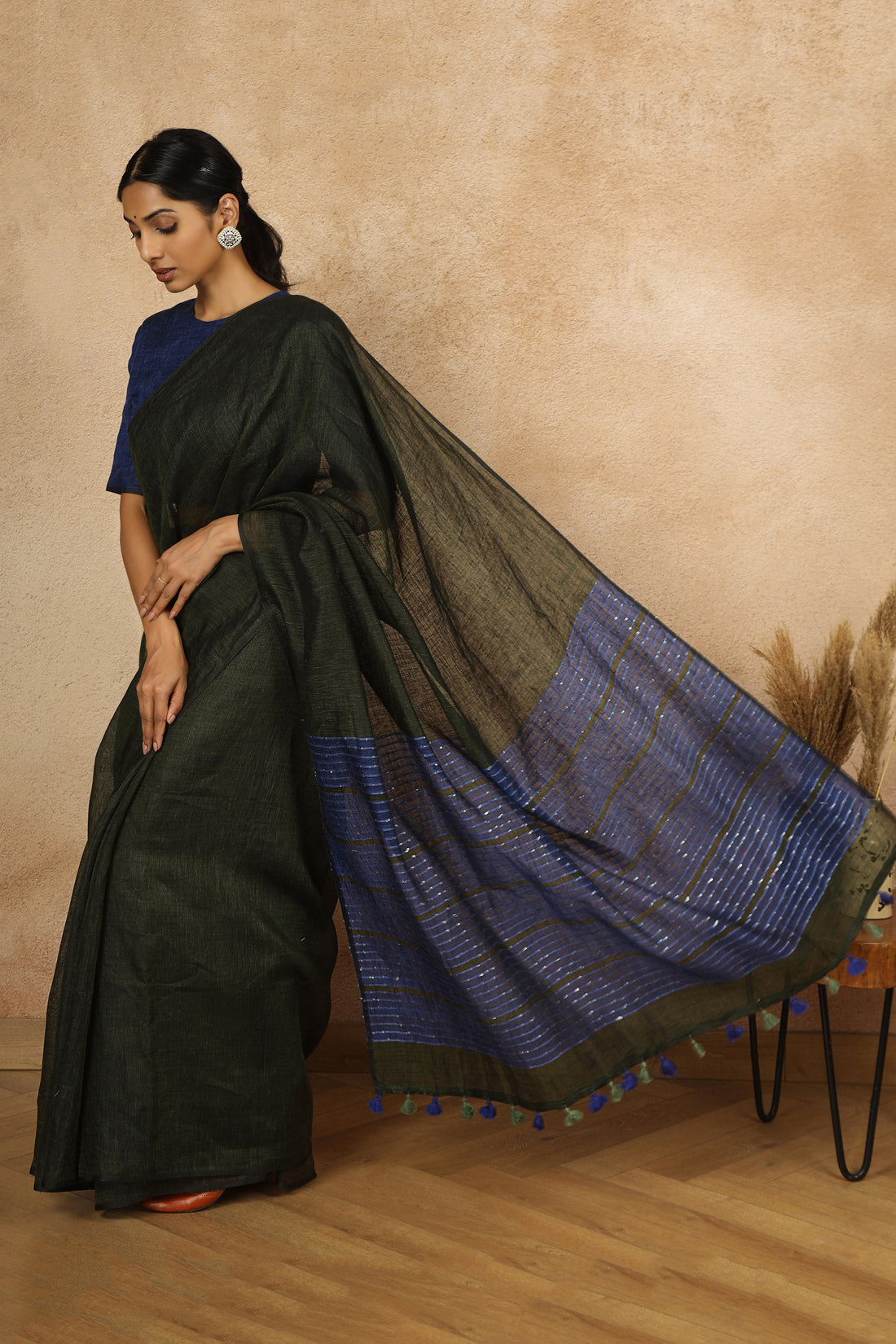 Hema Forest Green & Blue Linen Sari with sequins on pallu