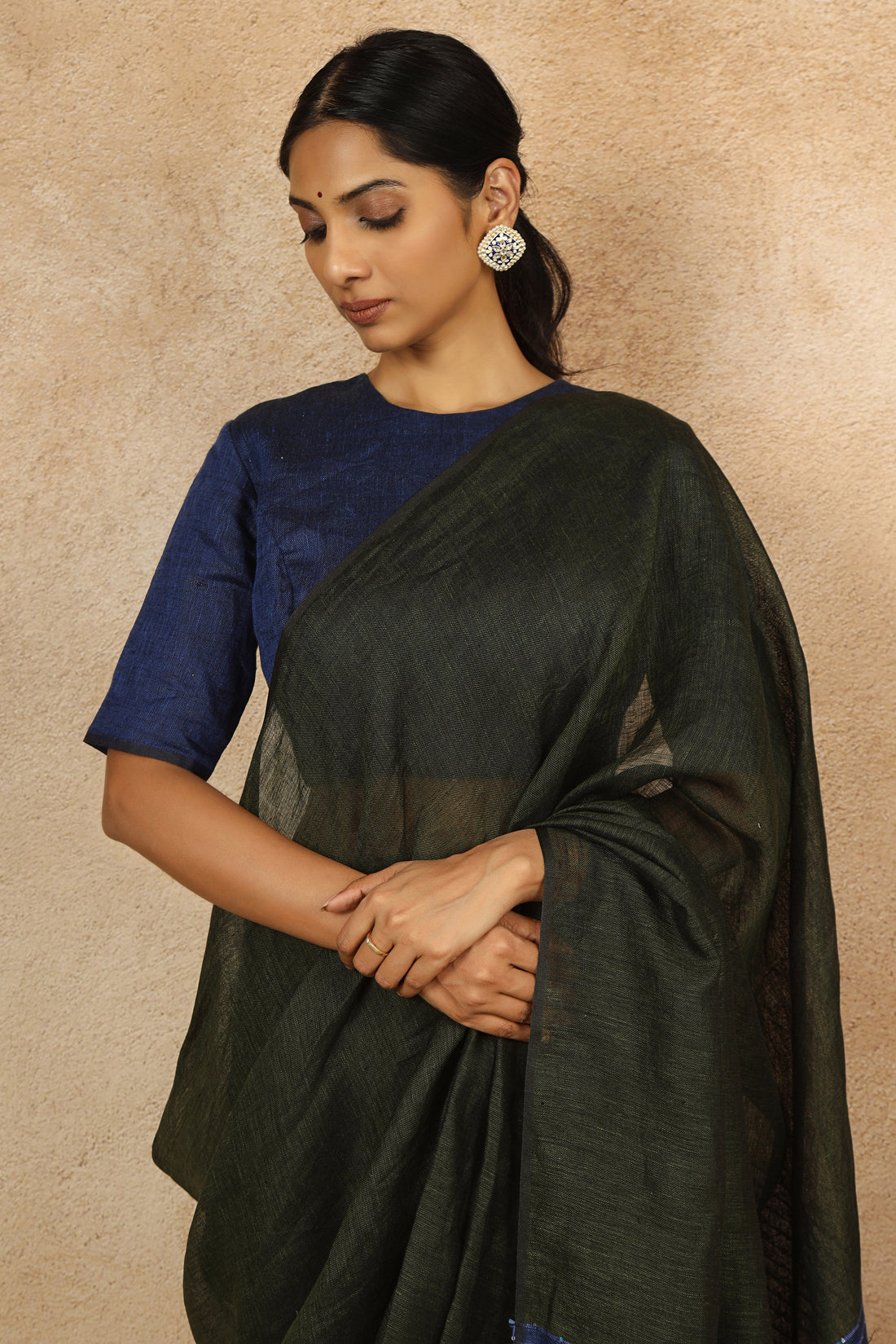 Hema Forest Green & Blue Linen Sari with sequins on pallu