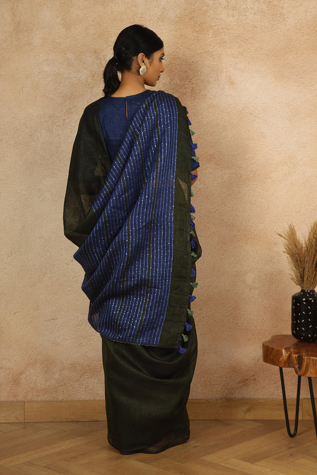 Hema Forest Green & Blue Linen Sari with sequins on pallu