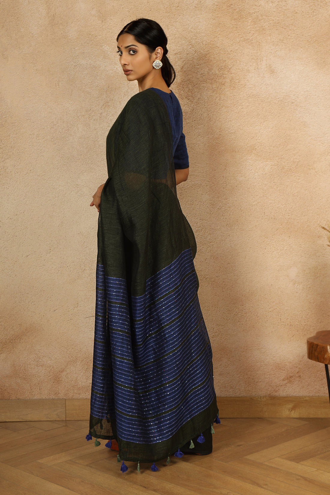 Hema Forest Green & Blue Linen Sari with sequins on pallu