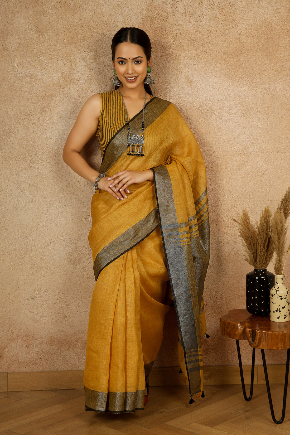 Damini Mustard Linen Sari with Striking Grey Zari pallu