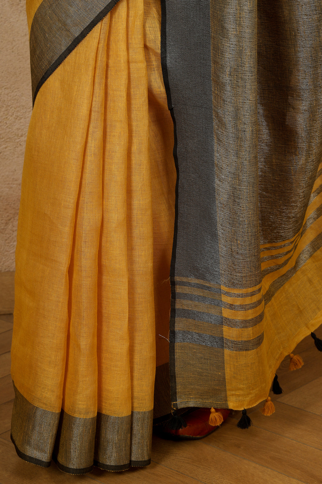 Damini Mustard Linen Sari with Striking Grey Zari pallu