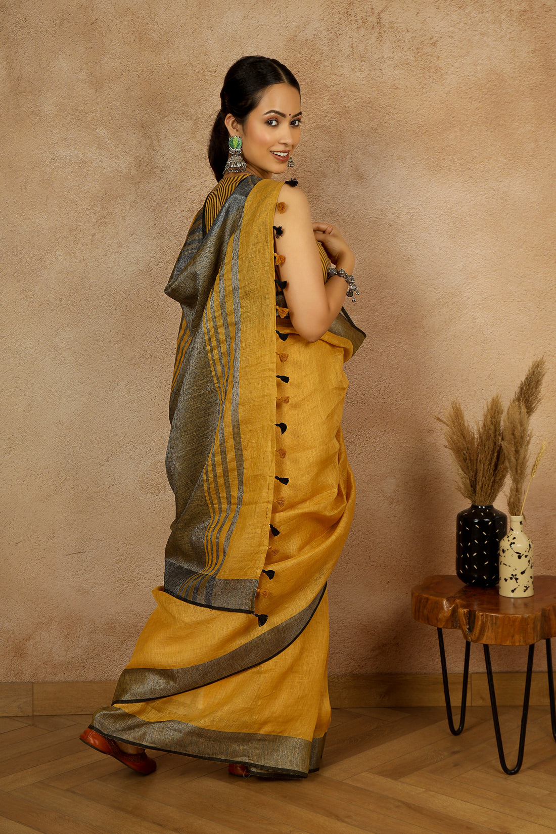 Damini Mustard Linen Sari with Striking Grey Zari pallu