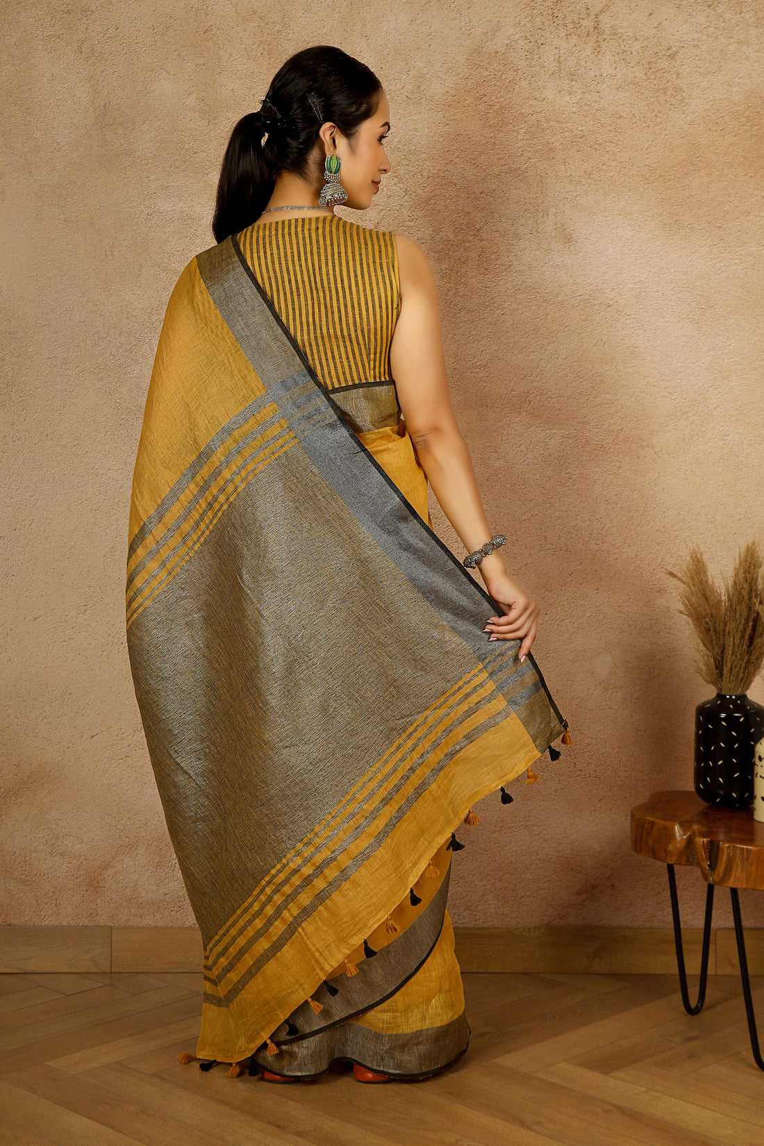 Damini Mustard Linen Sari with Striking Grey Zari pallu