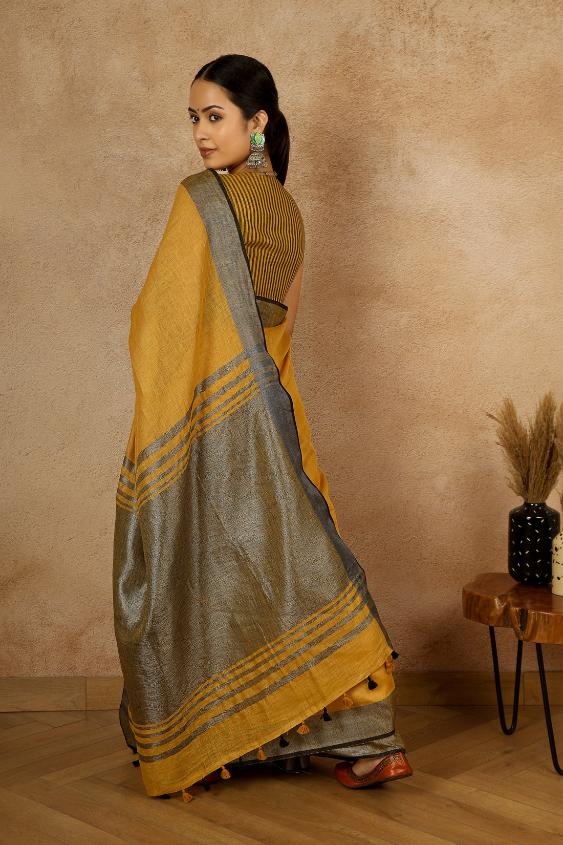 Damini Mustard Linen Sari with Striking Grey Zari pallu