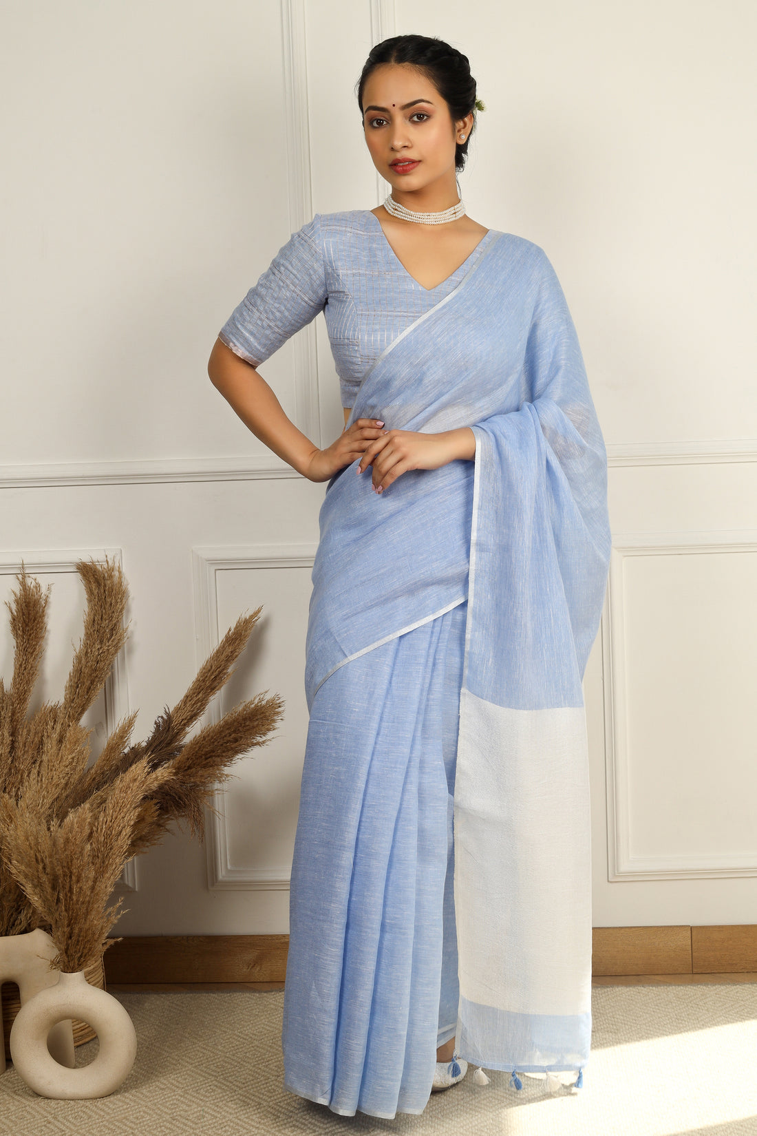 Falguni Powder Blue Solid Linen Sari