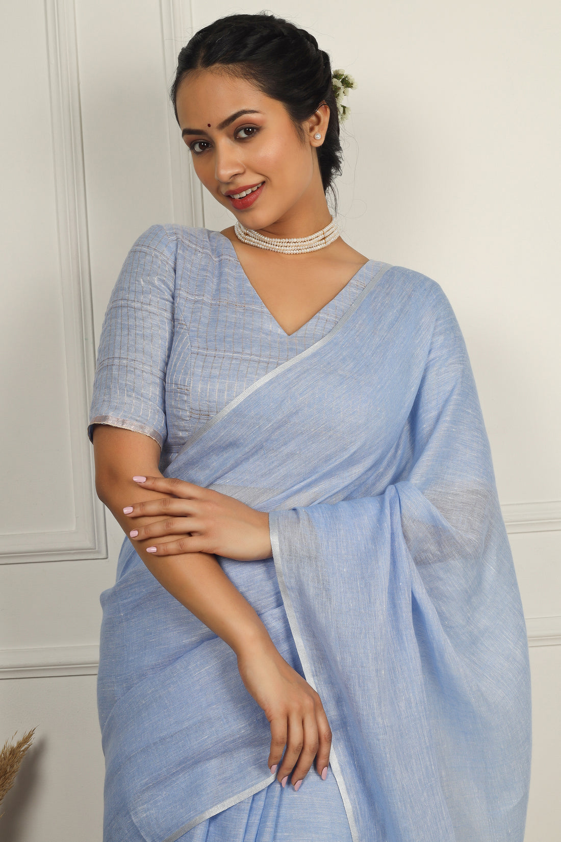 Falguni Powder Blue Solid Linen Sari