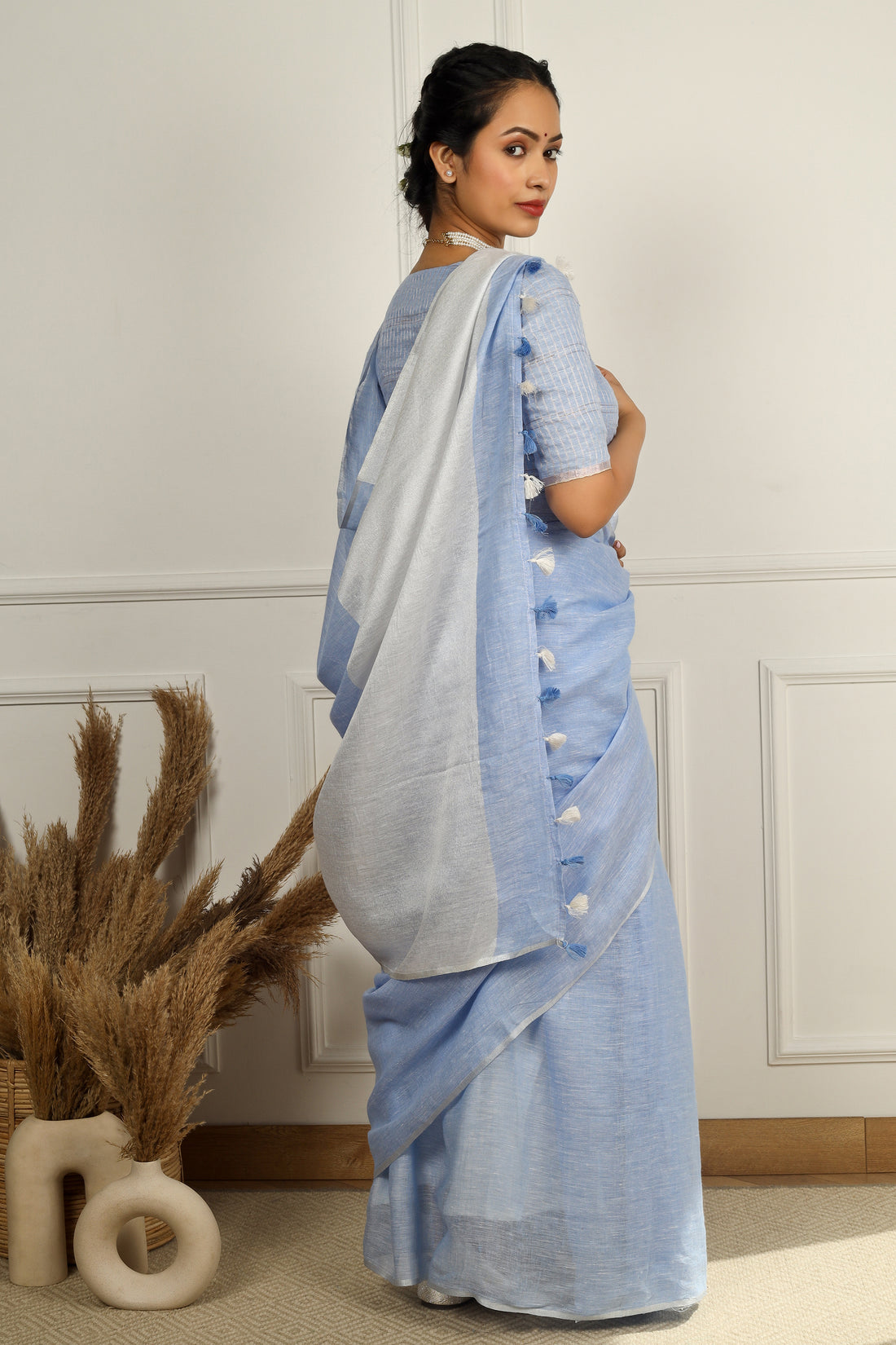 Falguni Powder Blue Solid Linen Sari