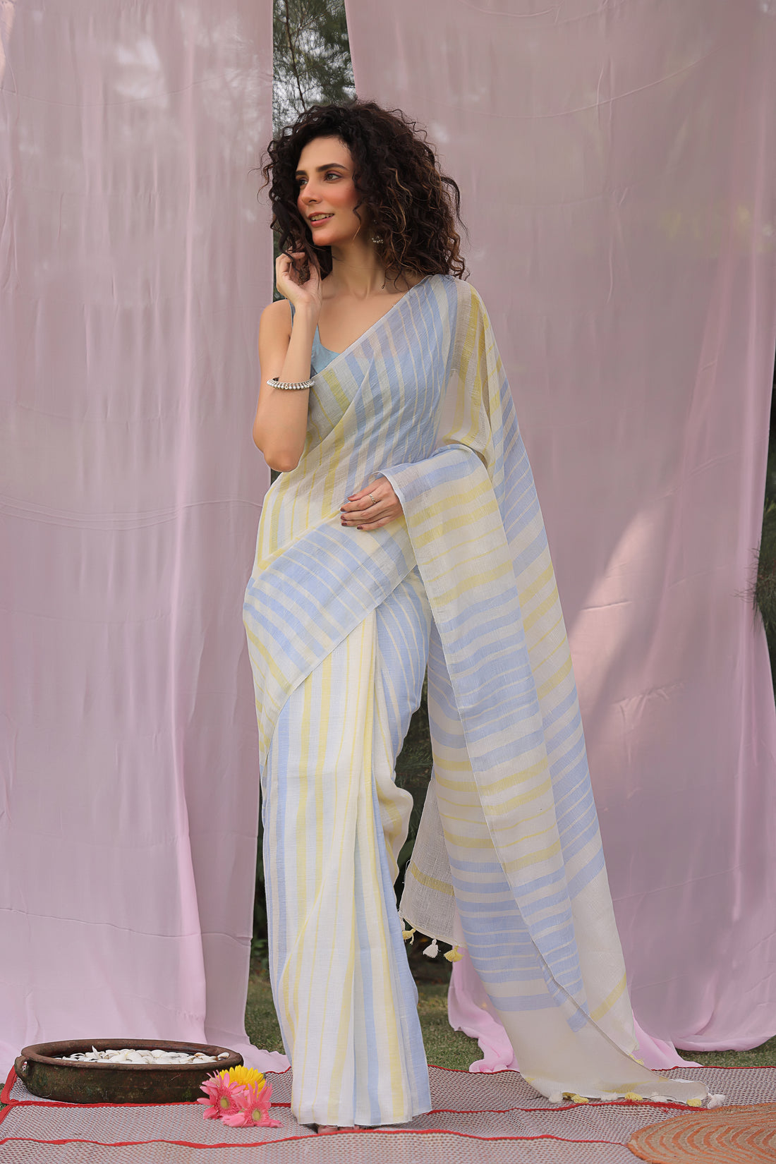 Stripe Pure Linen Sari