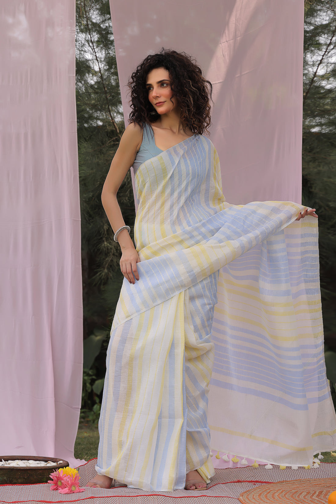 Stripe Pure Linen Sari