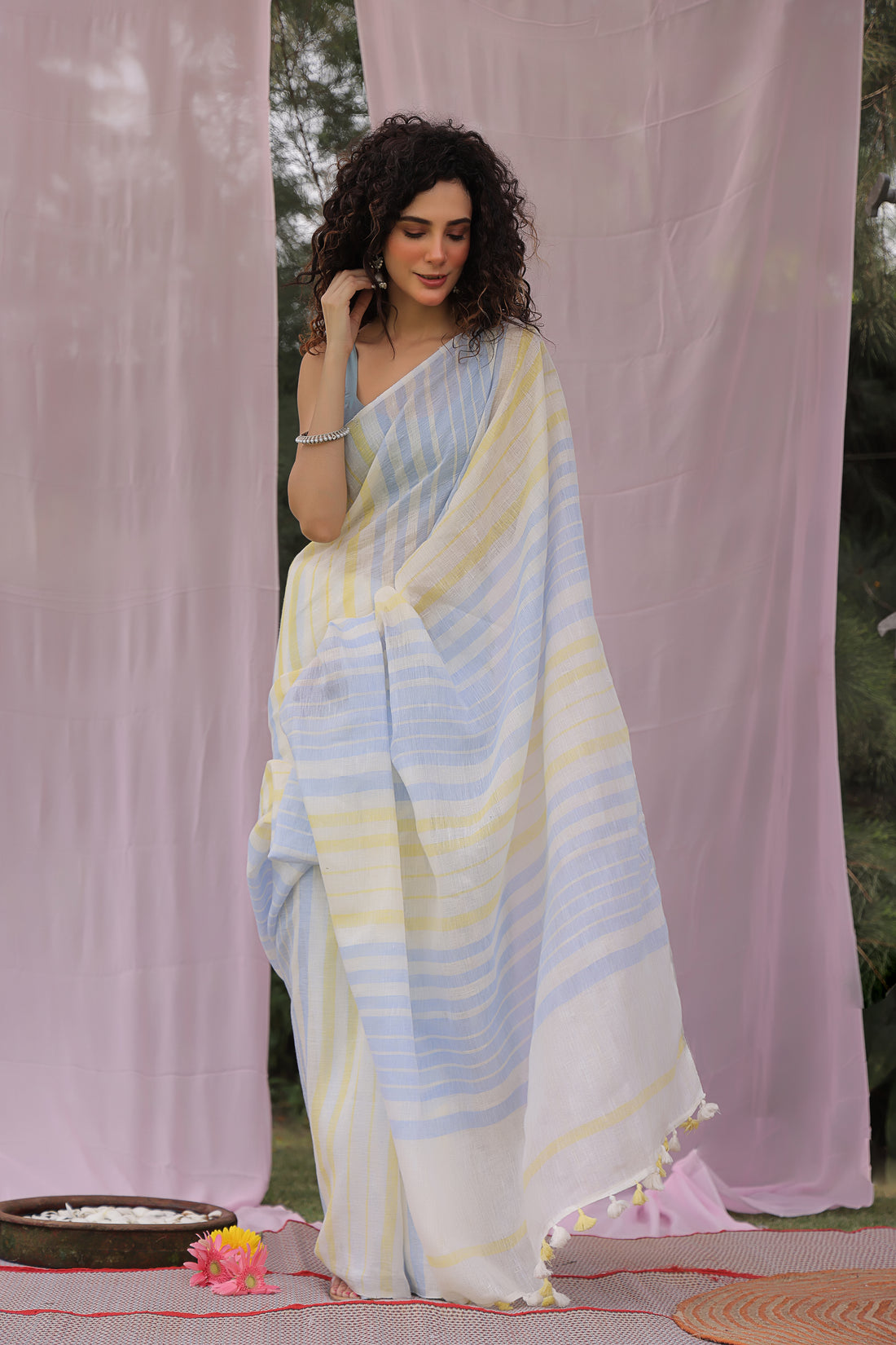 Stripe Pure Linen Sari