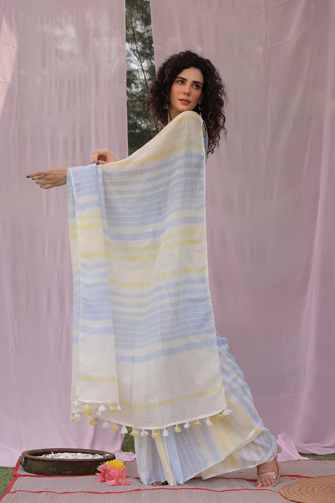 Stripe Pure Linen Sari