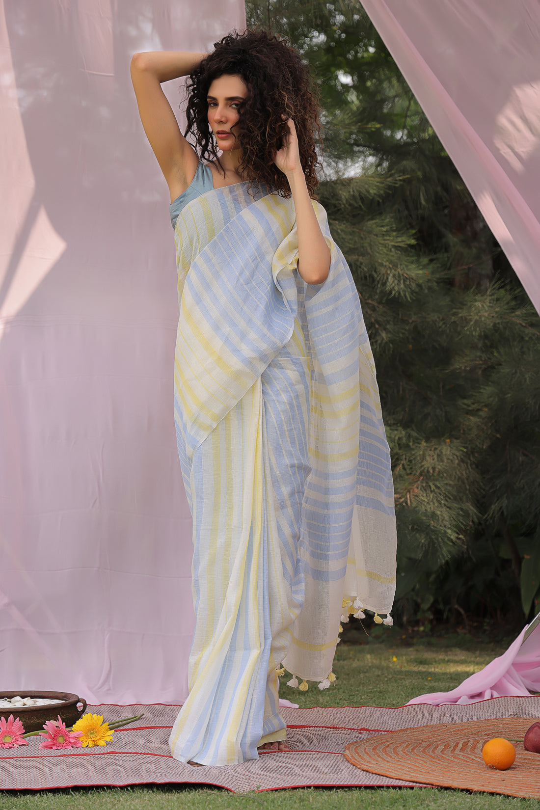 Stripe Pure Linen Sari