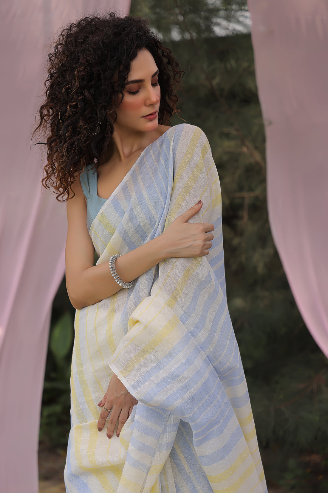 Stripe Pure Linen Sari