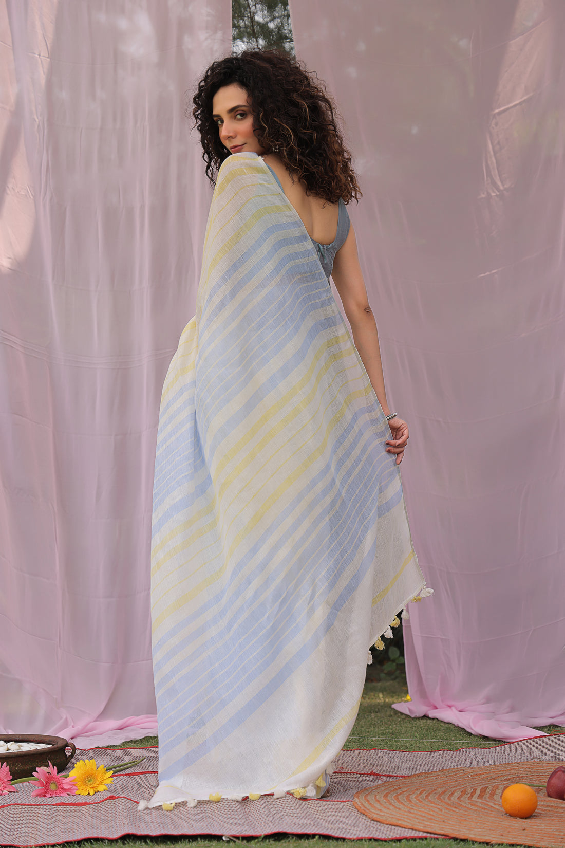 Stripe Pure Linen Sari