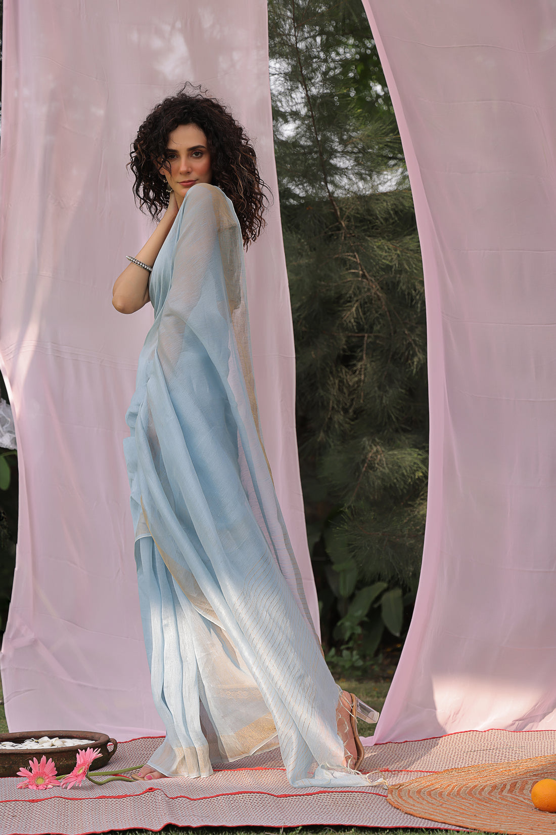 Powder Blue Linen Silk Saree