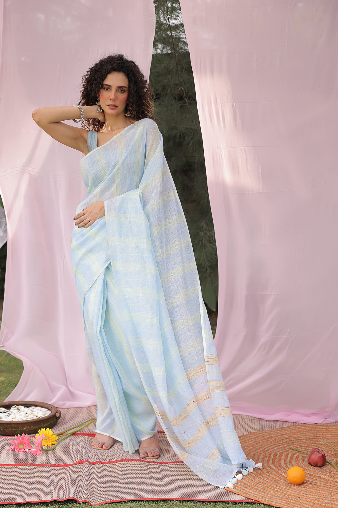 Sky Blue Stripe Pure Linen Saree