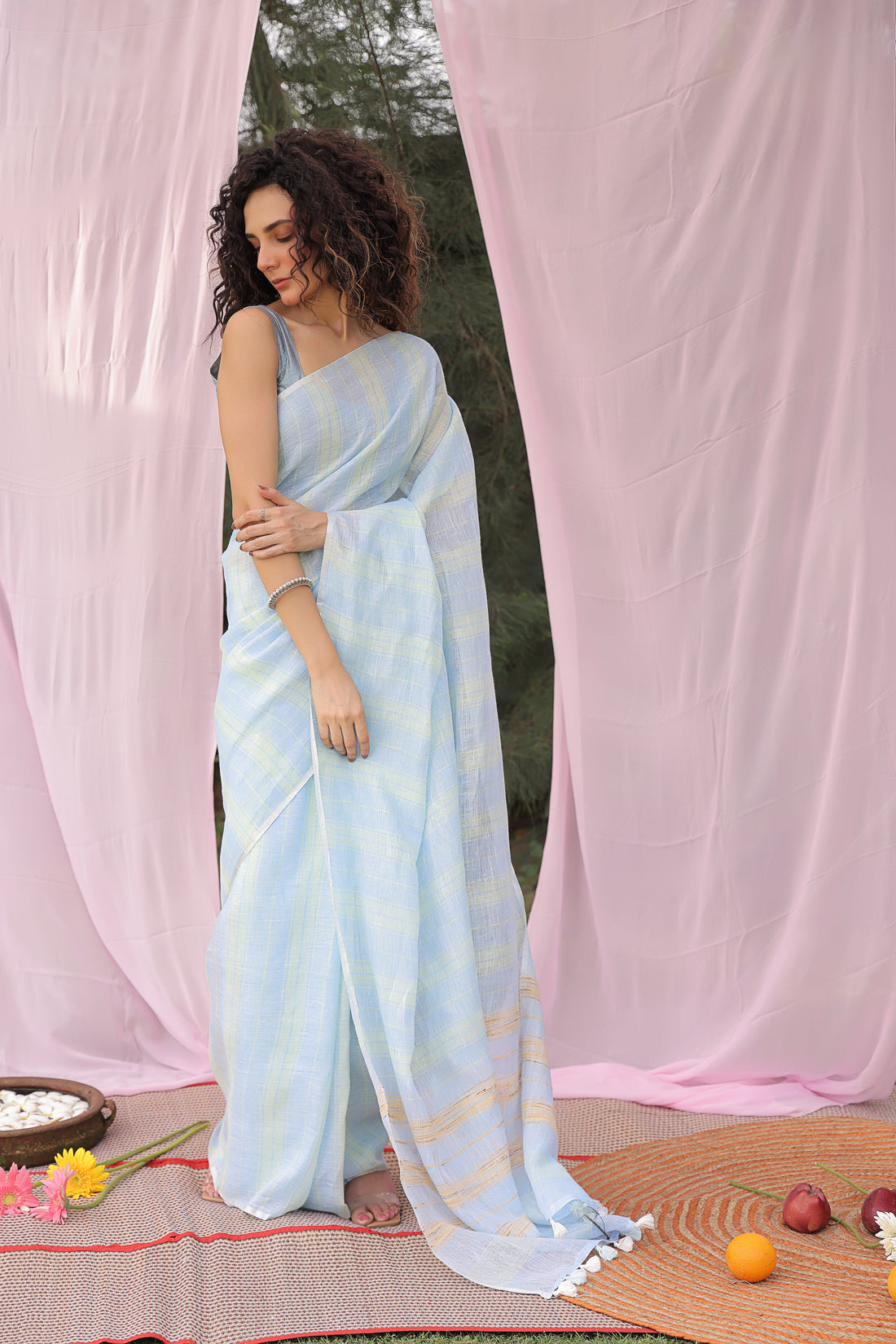 Sky Blue Stripe Pure Linen Saree