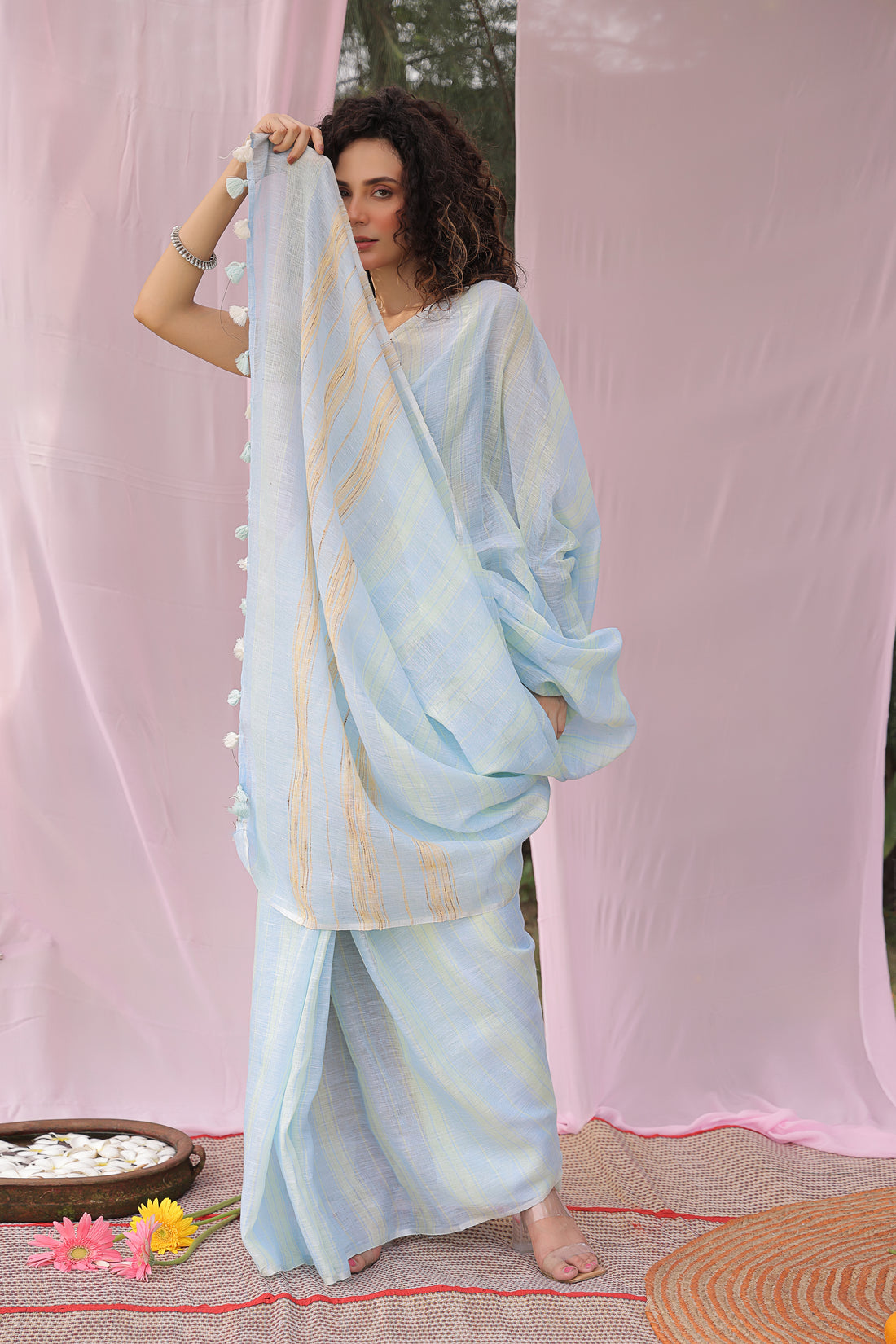 Sky Blue Stripe Pure Linen Saree