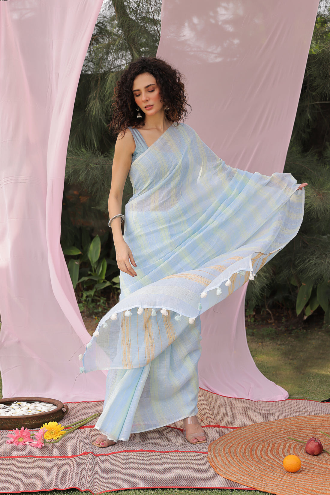 Sky Blue Stripe Pure Linen Saree