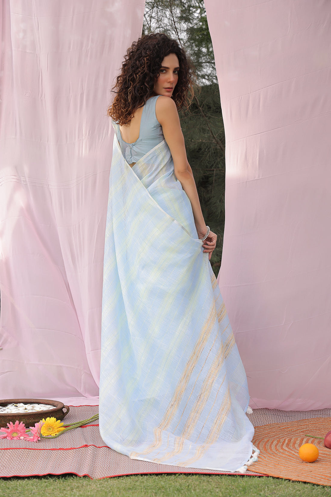 Sky Blue Stripe Pure Linen Saree