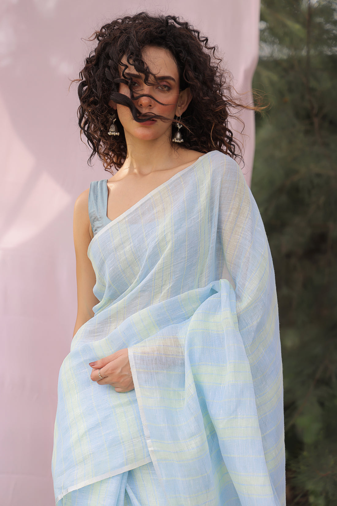 Sky Blue Stripe Pure Linen Saree