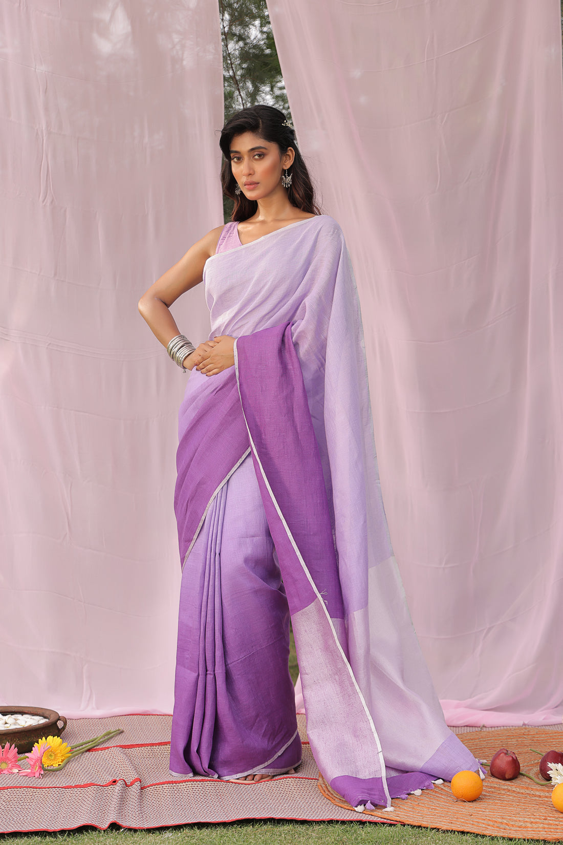 Lavender Ombre Linen Sari