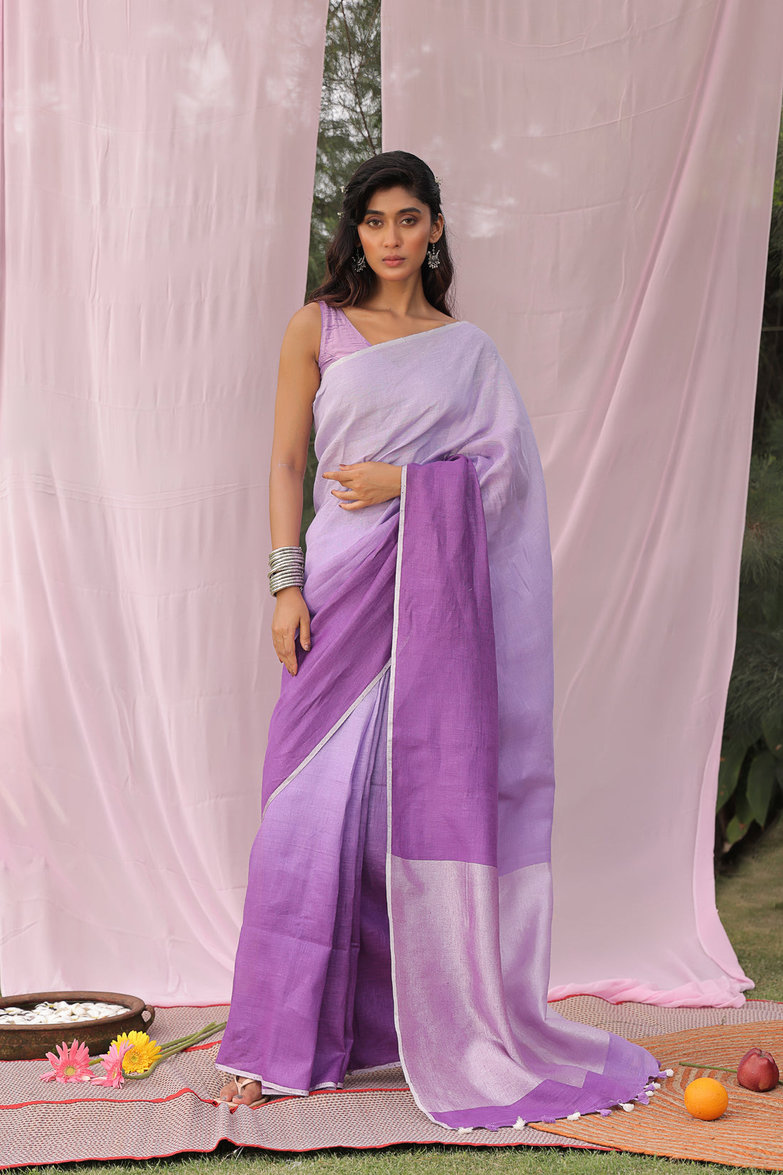 Lavender Ombre Linen Sari