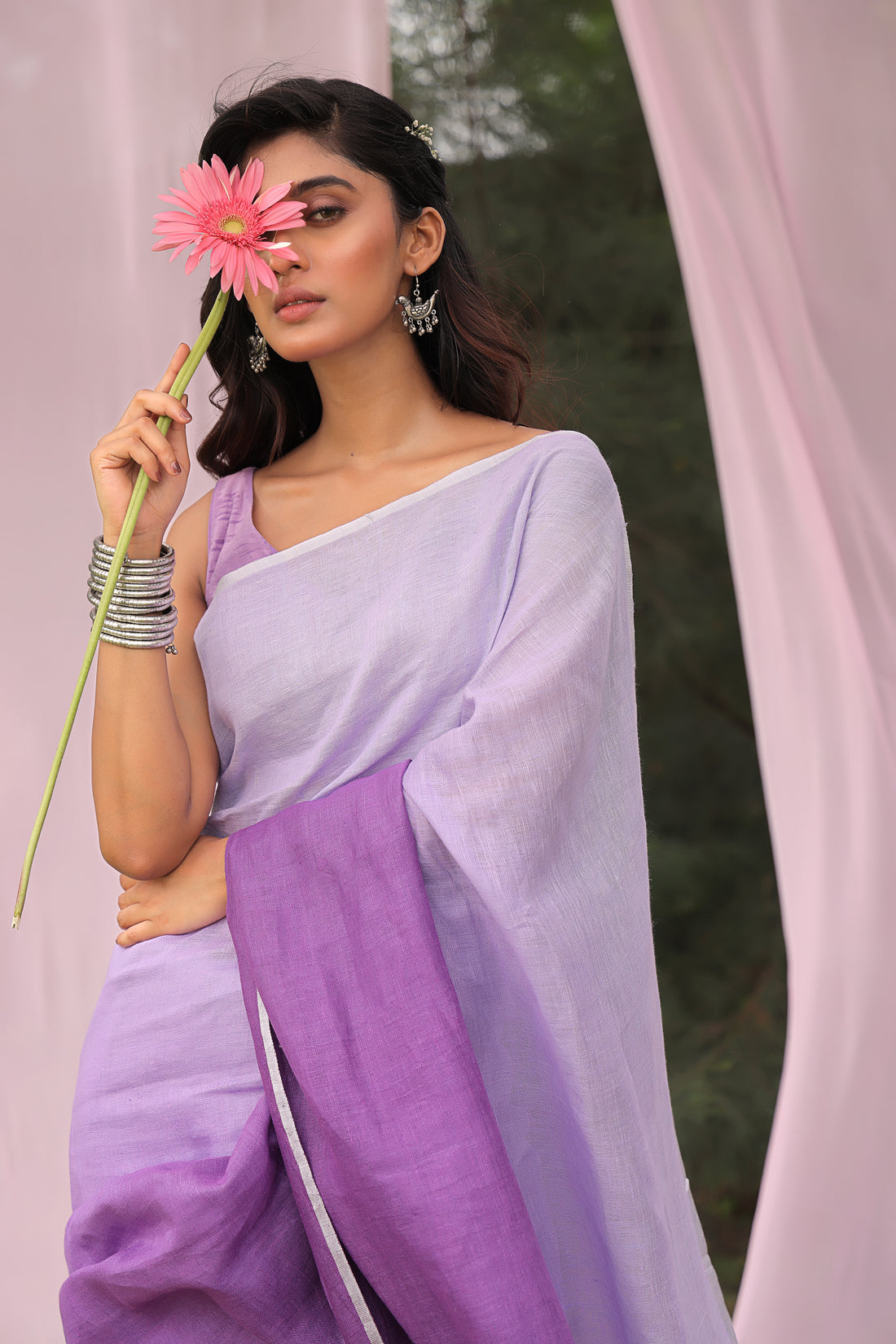 Lavender Ombre Linen Sari