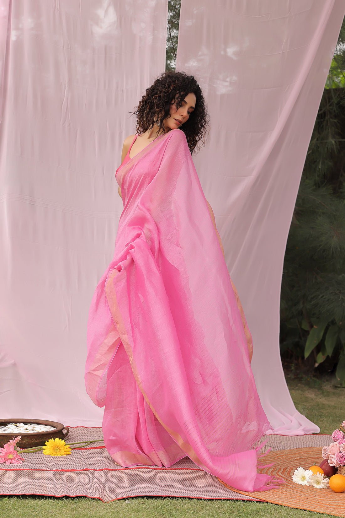 Surmai Pastel Pink Linen Silk Saree