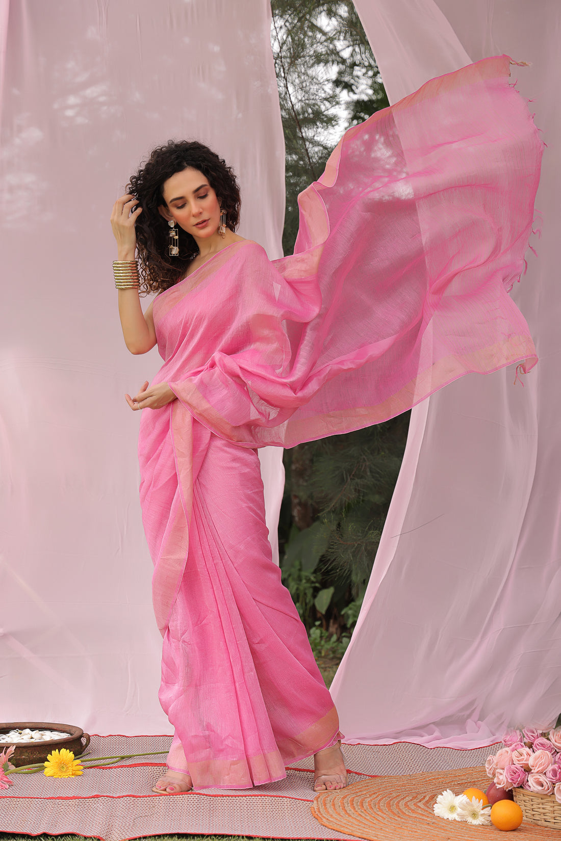 Surmai Pastel Pink Linen Silk Saree