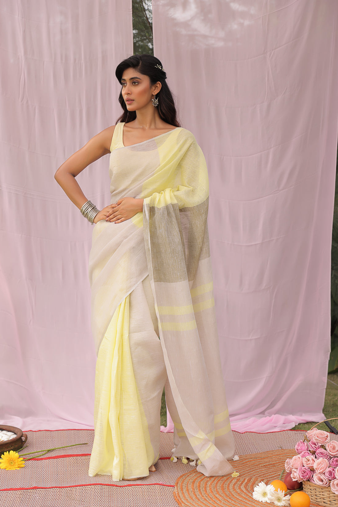 Lemon Mist Pure Linen Saree