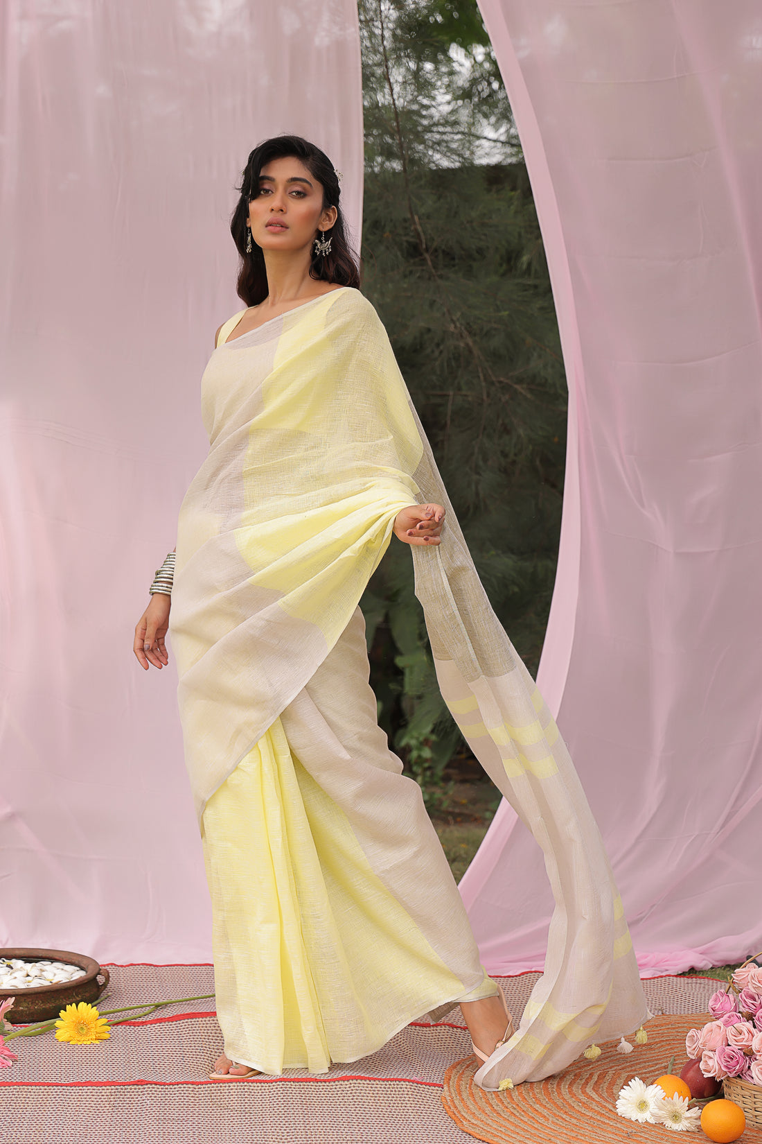 Lemon Mist Pure Linen Saree