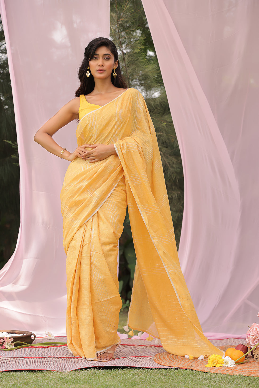 Marigold Mist Pure Linen Saree