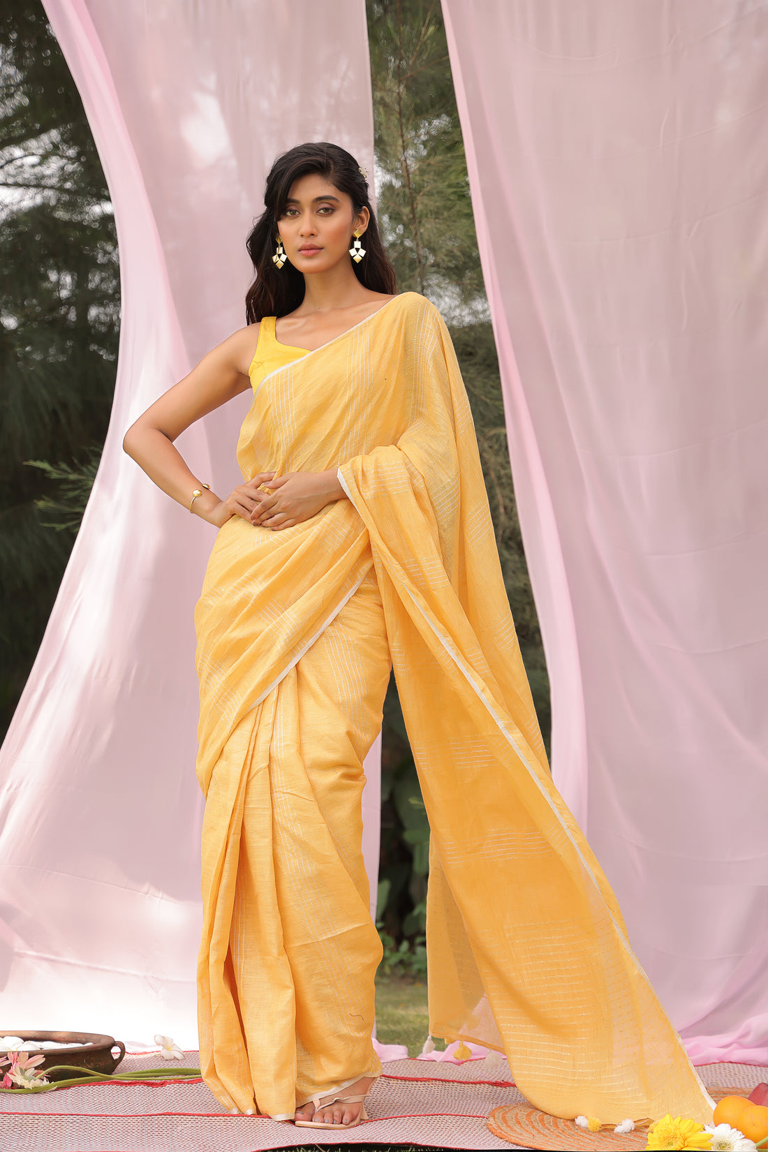 Marigold Mist Pure Linen Saree