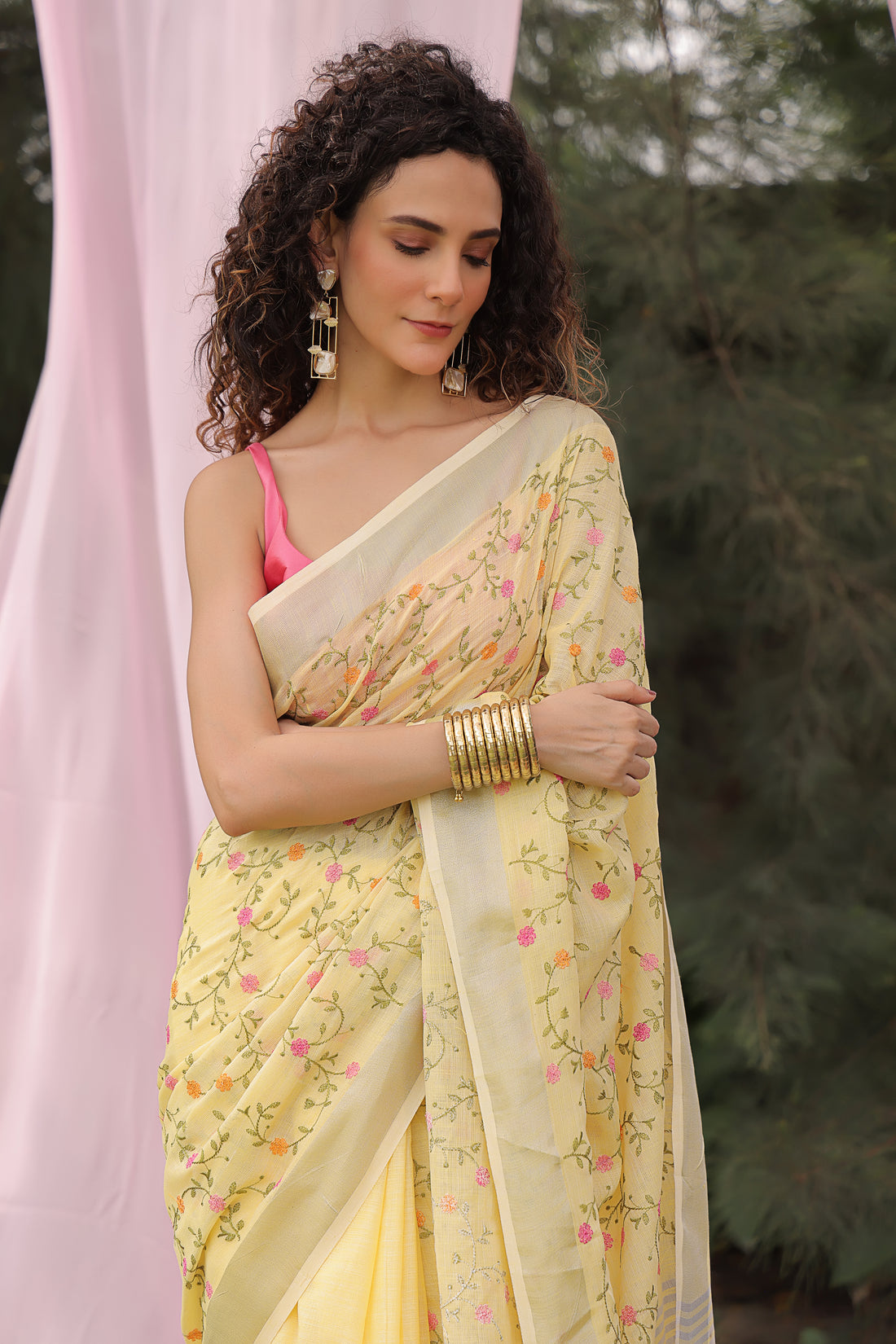 Sunflower Dusk Embroidered Linen Saree