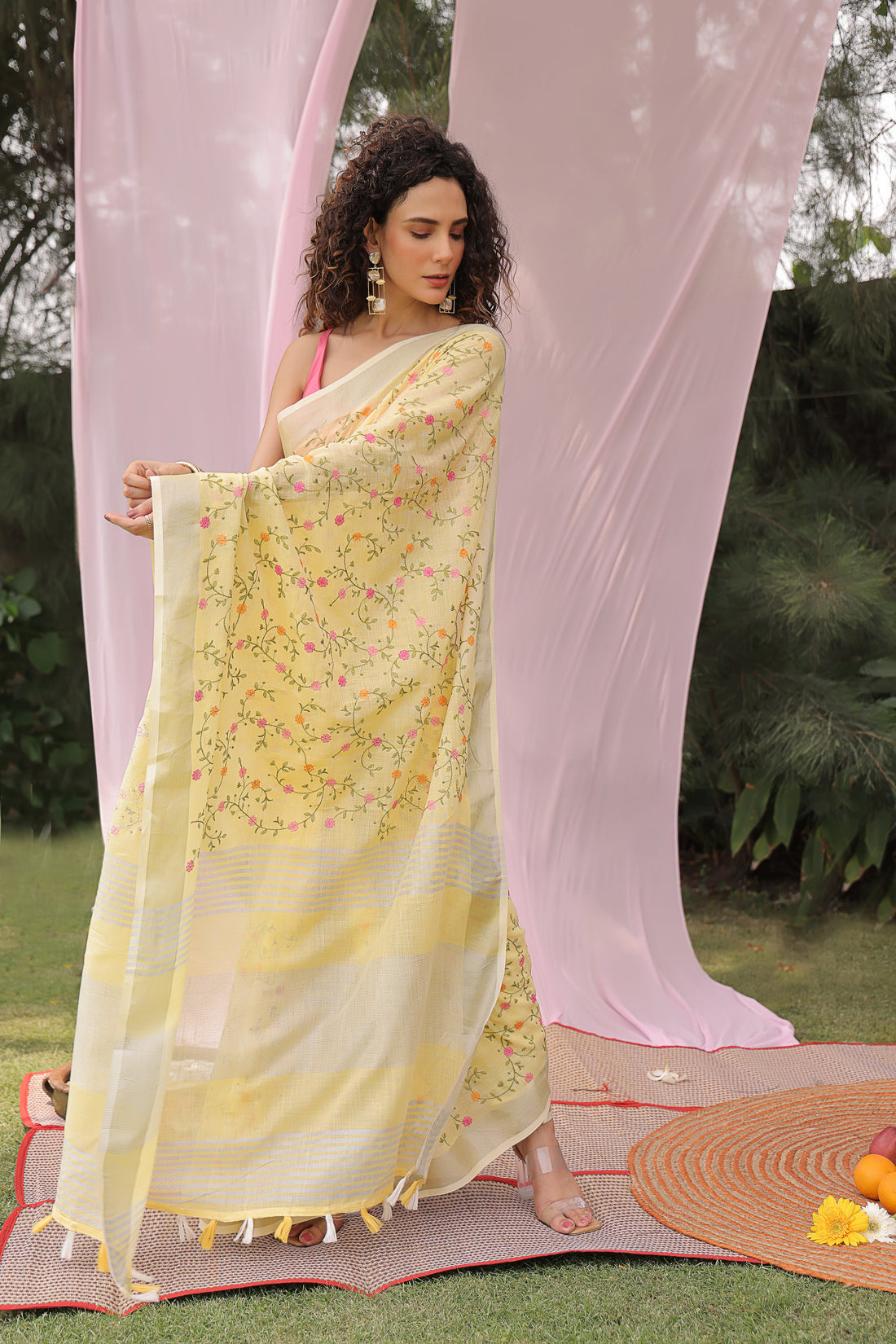 Sunflower Dusk Embroidered Linen Saree