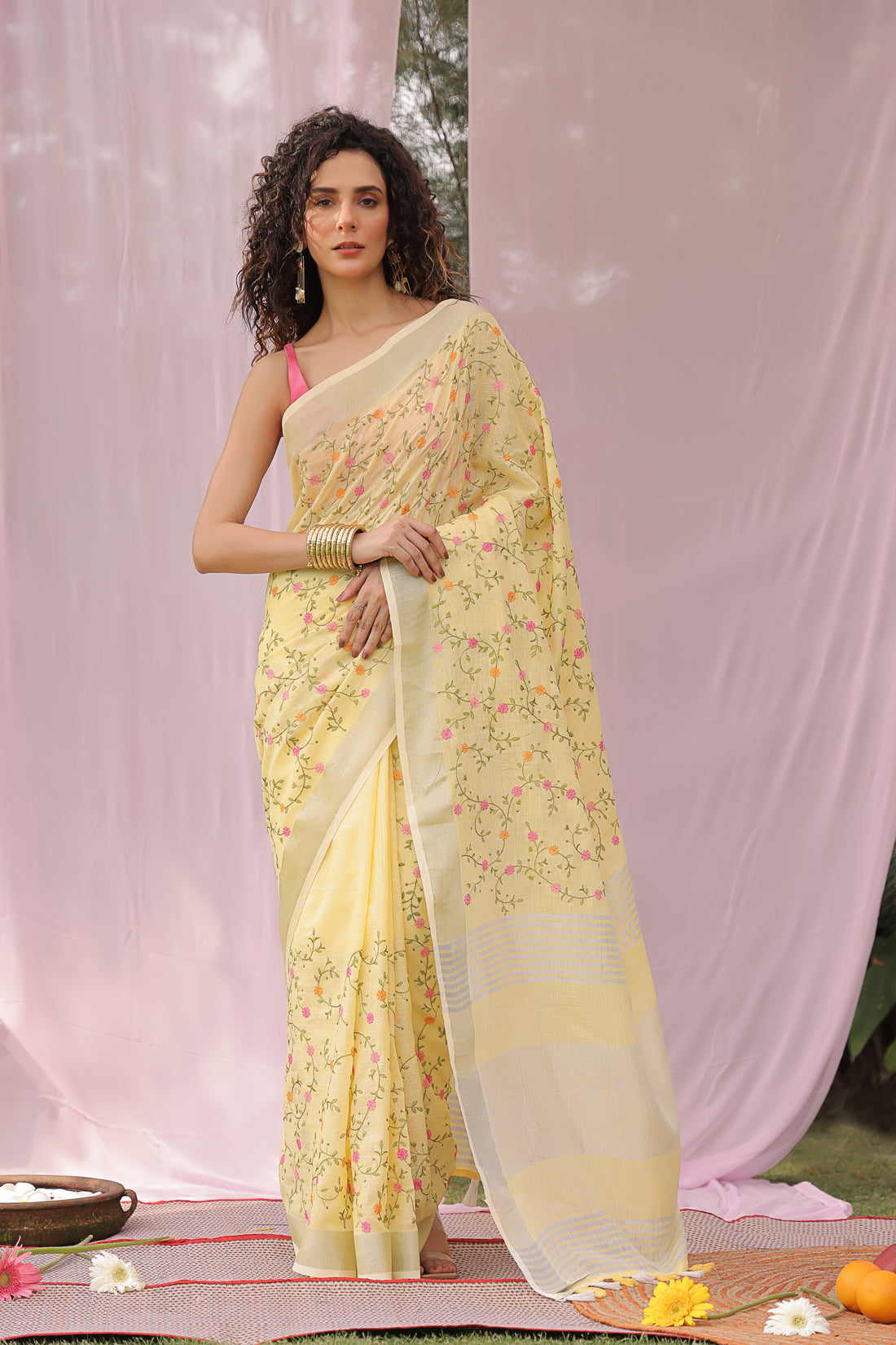 Sunflower Dusk Embroidered Linen Saree