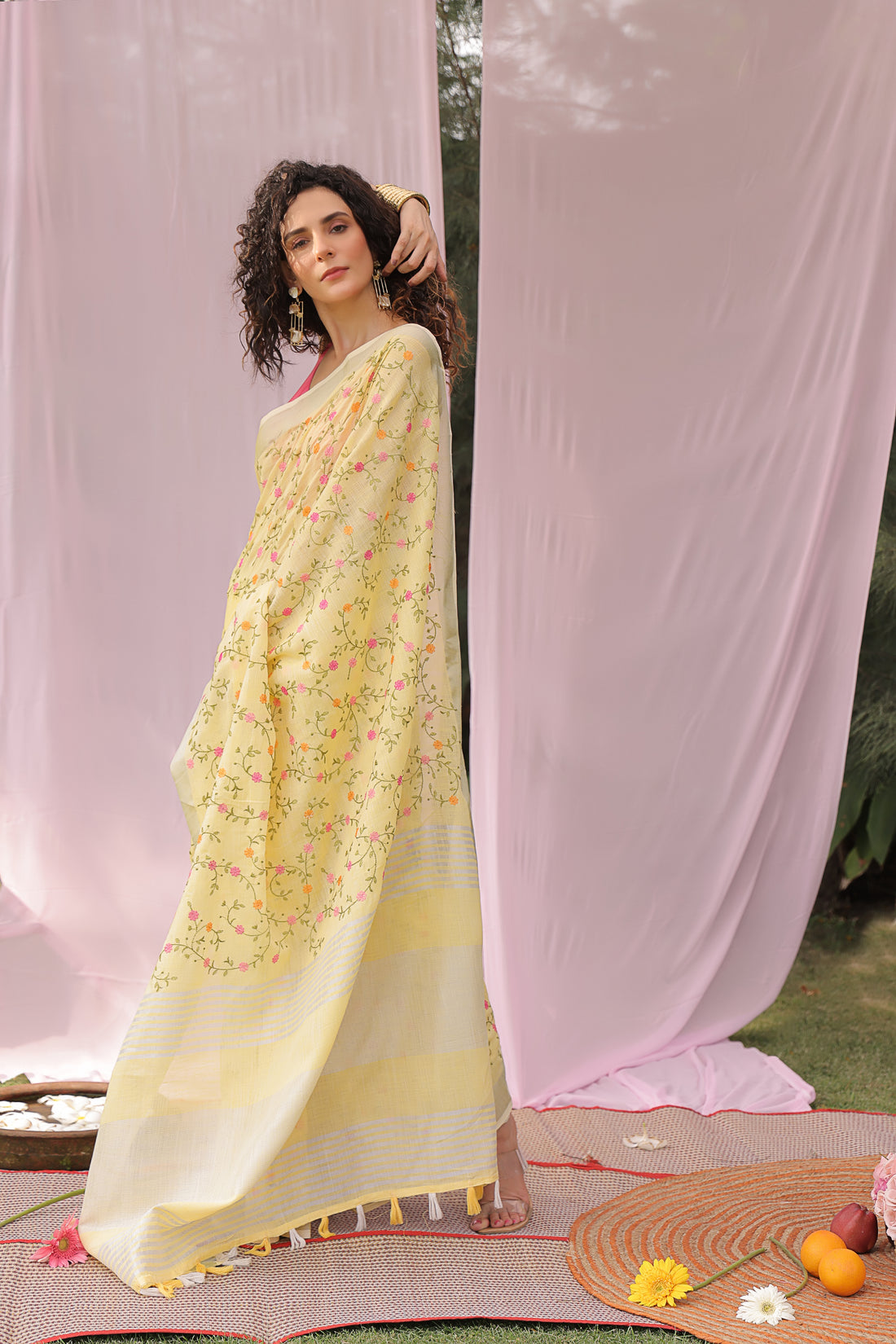 Sunflower Dusk Embroidered Linen Saree