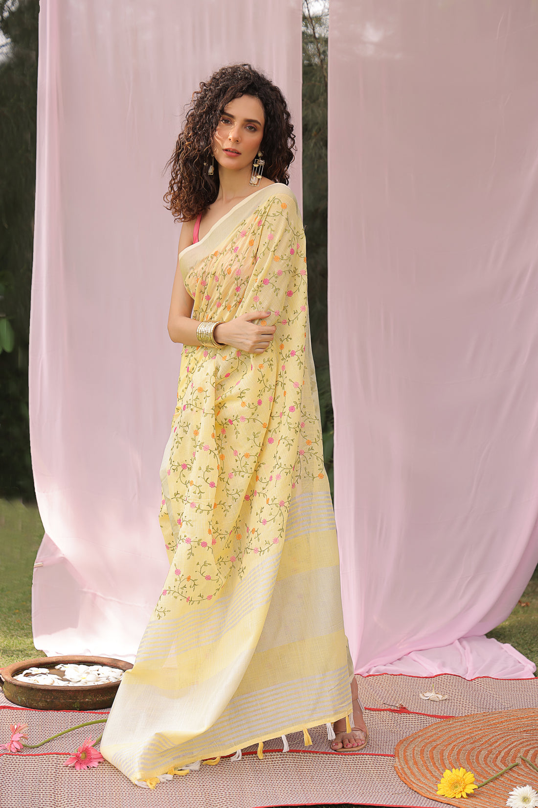 Sunflower Dusk Embroidered Linen Saree