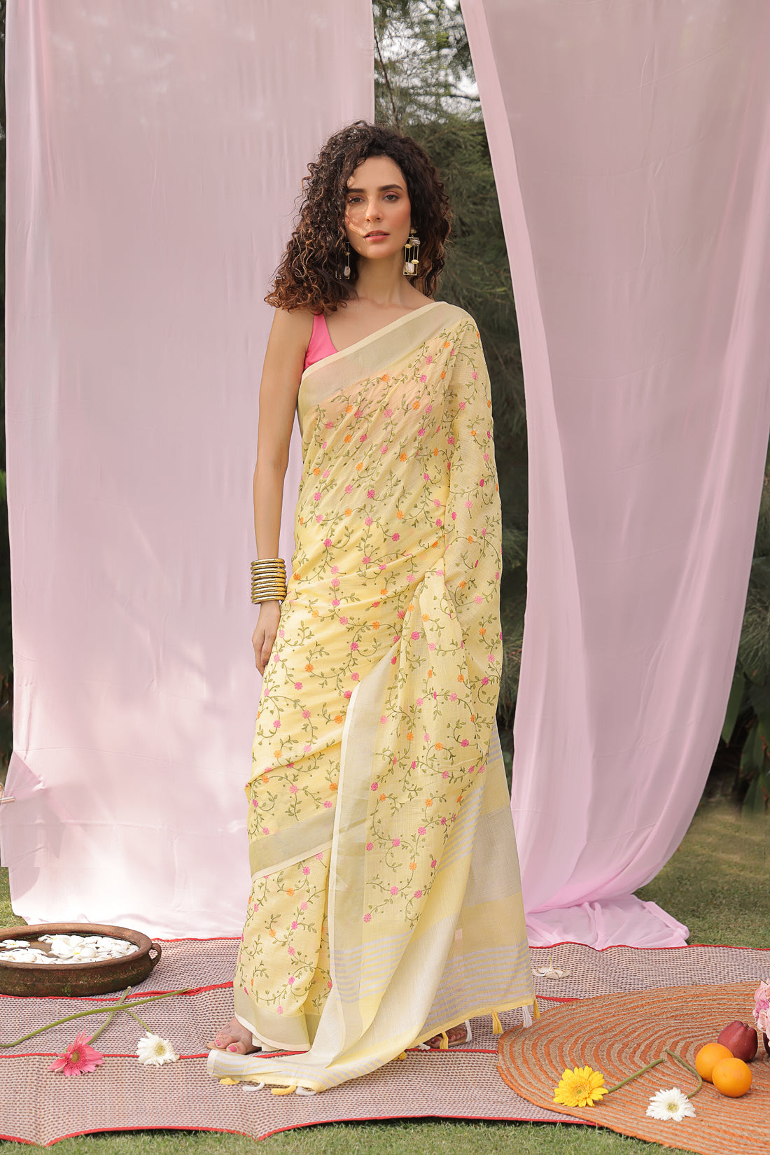 Sunflower Dusk Embroidered Linen Saree