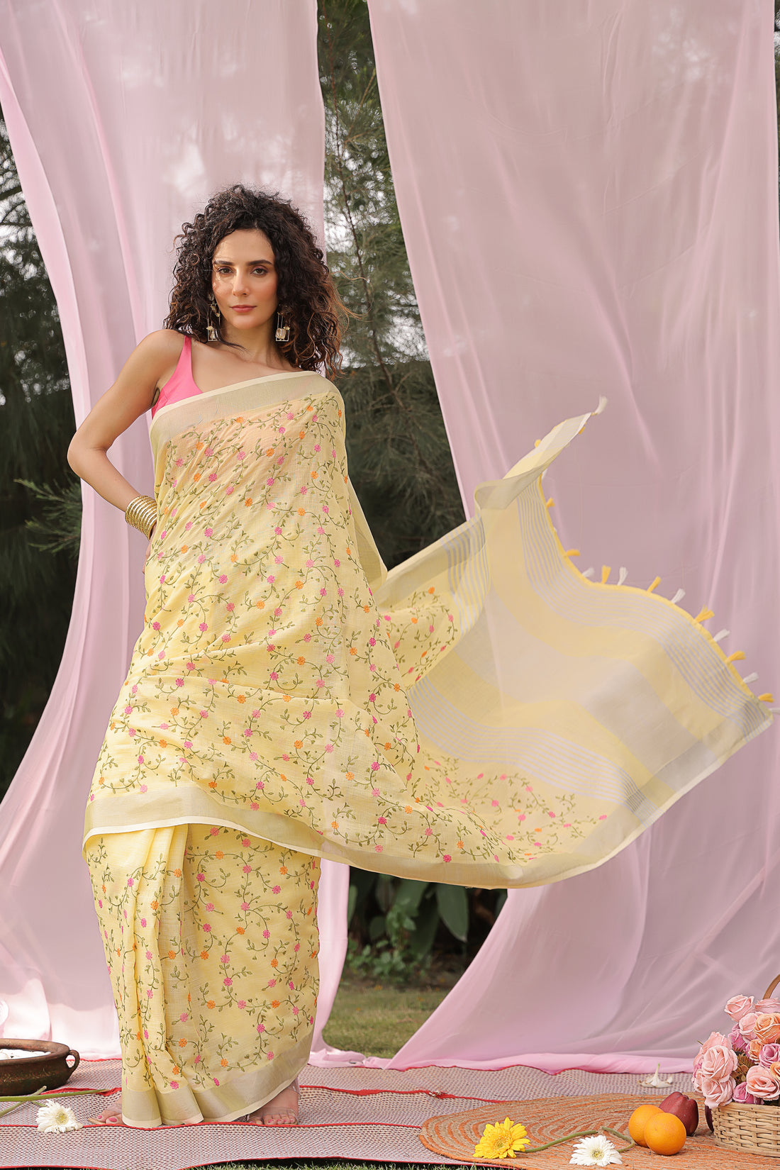 Sunflower Dusk Embroidered Linen Saree