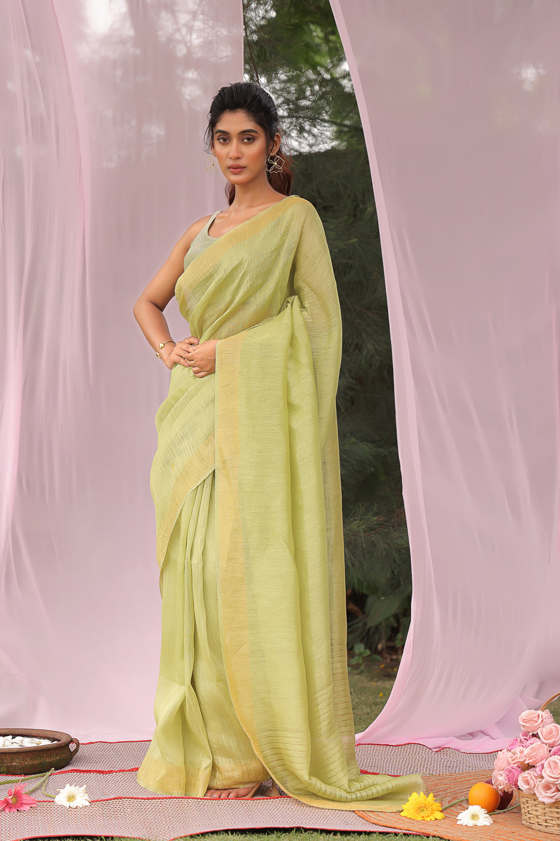 Lime Glow Linen Silk Saree