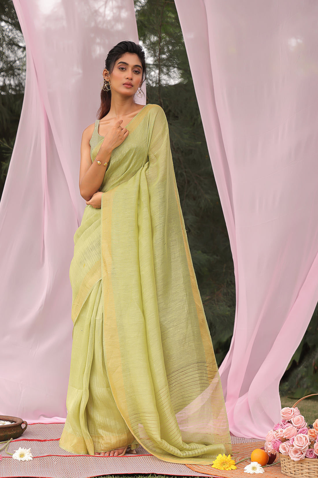 Lime Glow Linen Silk Saree