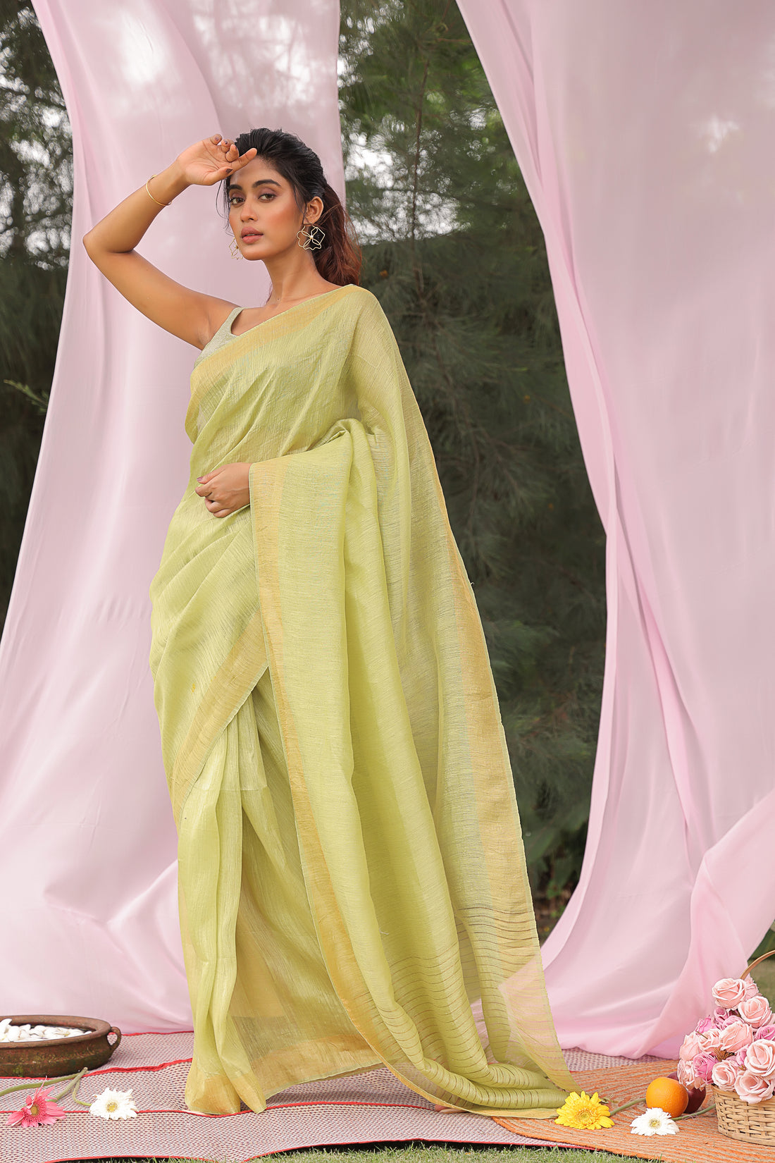 Lime Glow Linen Silk Saree