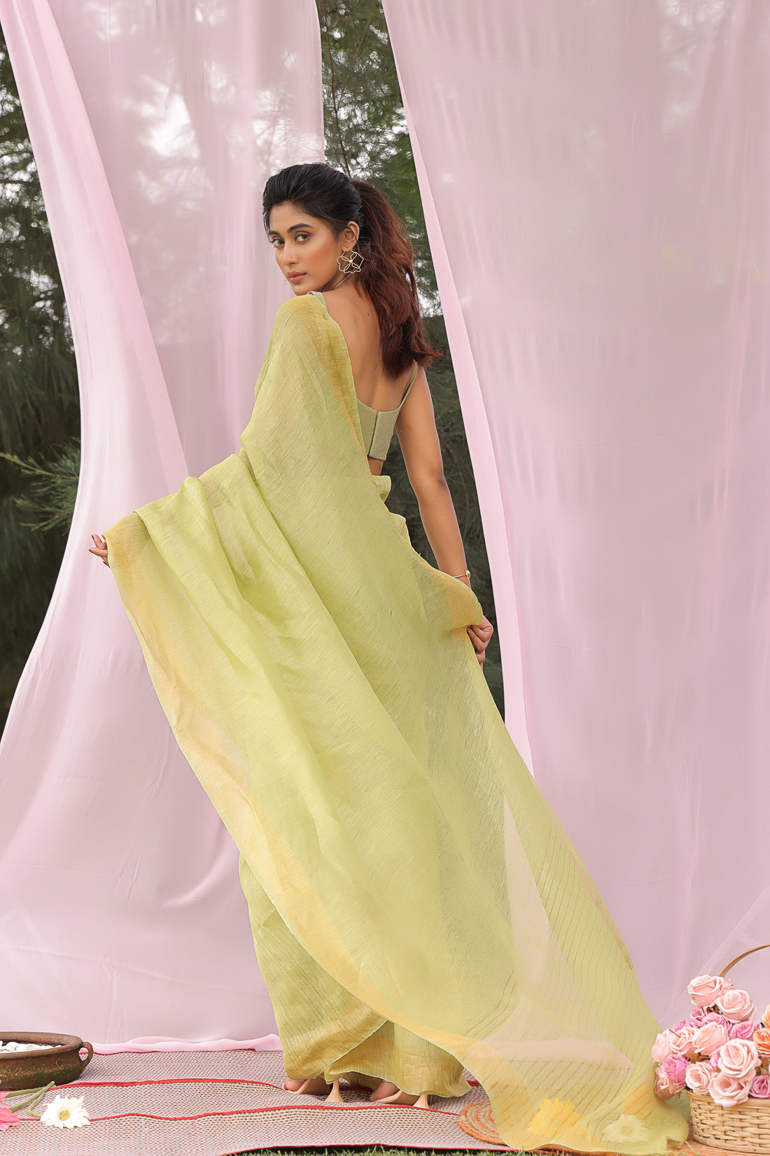 Lime Glow Linen Silk Saree