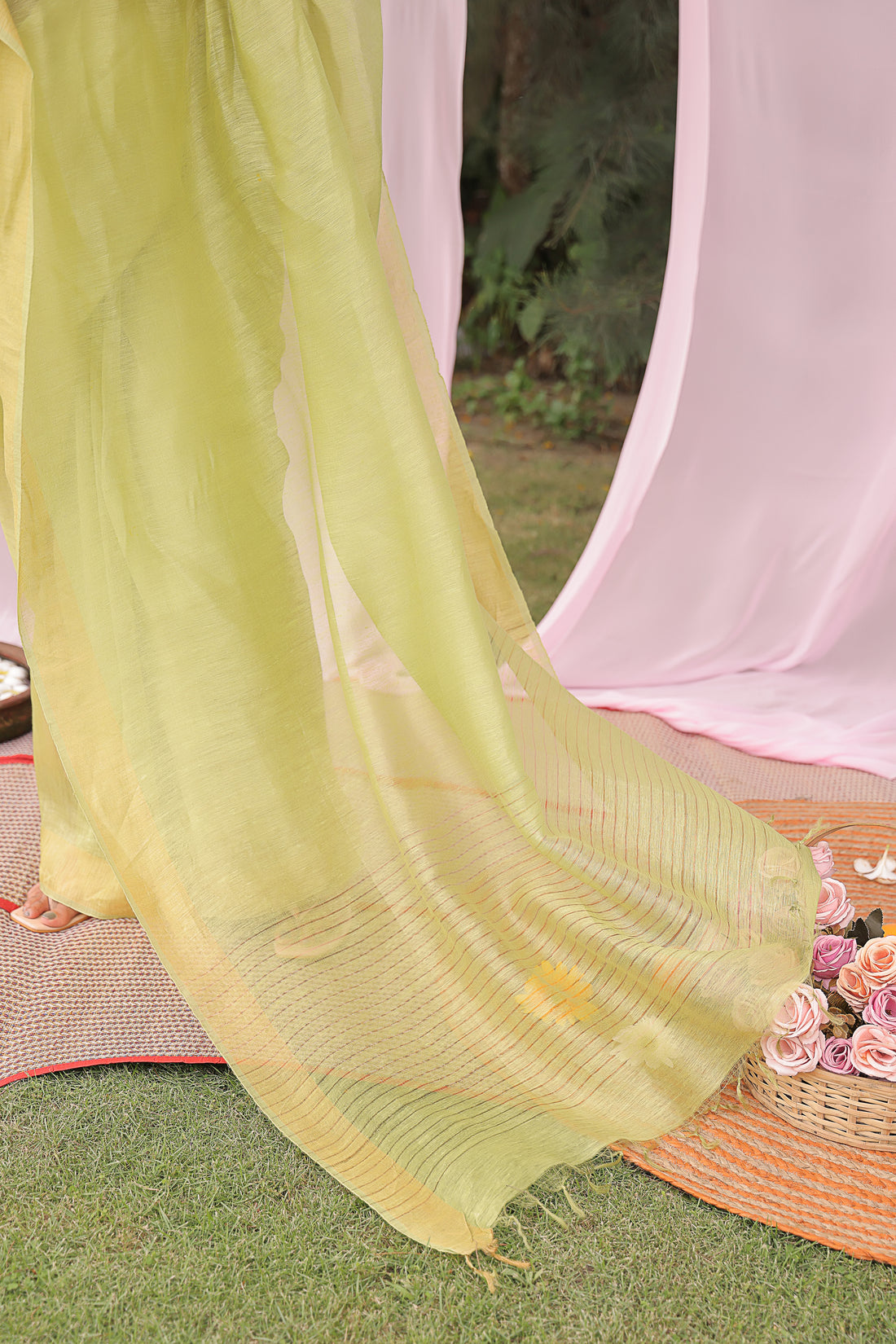 Lime Glow Linen Silk Saree