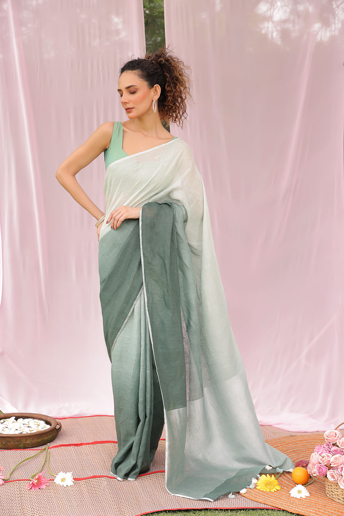 Mint Mist Linen Saree