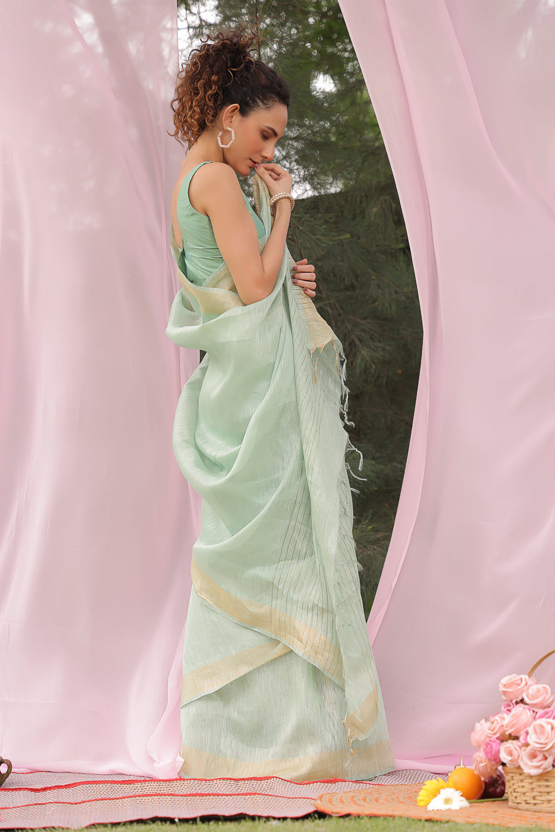 Mint Green Linen Silk Saree