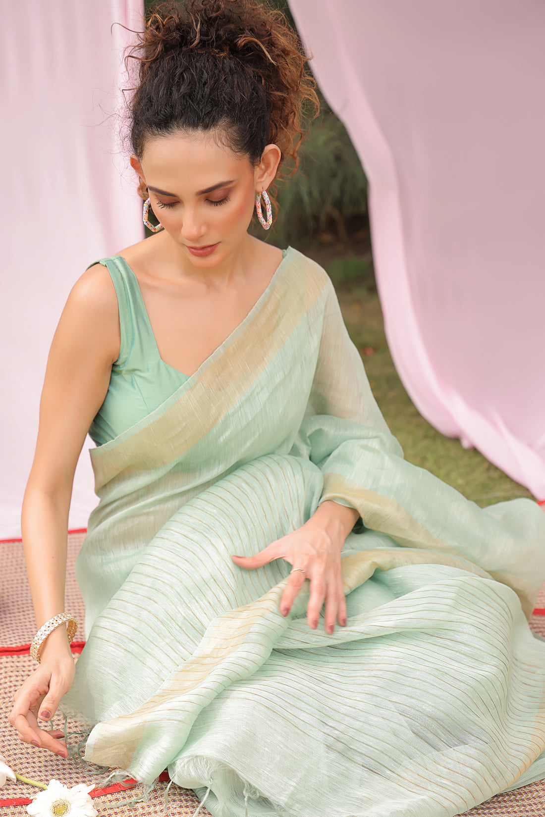 Mint Green Linen Silk Saree